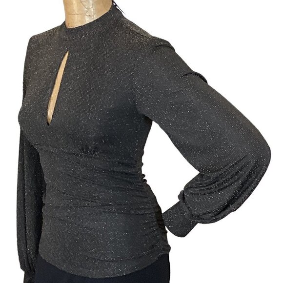 Red by BKE Top Balloon Sleeve Ruched Keyhole Neck Shimmery Black Gold Sz S #286F - Picture 4 of 8